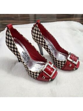 Naughty Monkey Red Houndstooth Studded Heels Size 6.5